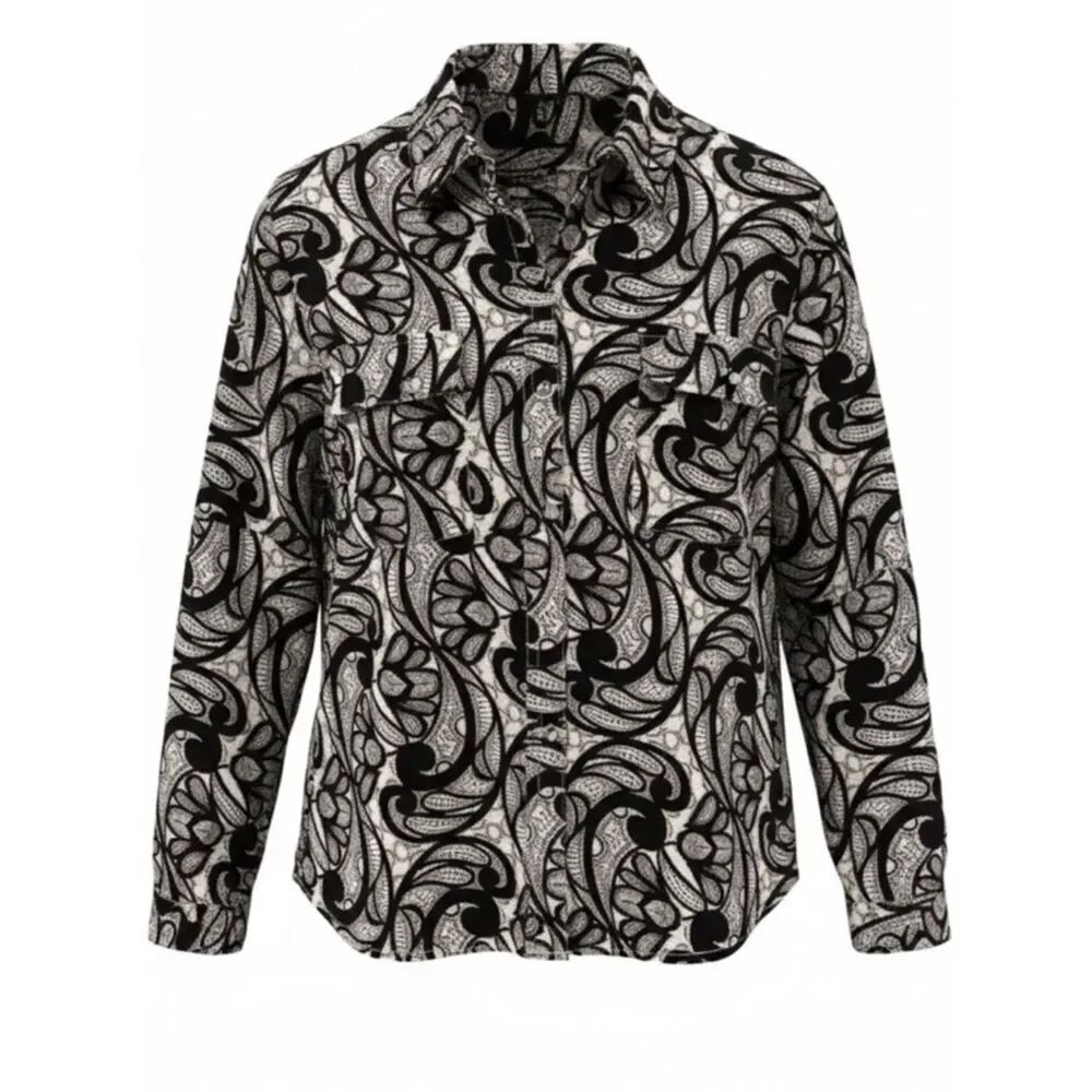 Como Black Patterned Long Sleeve Blouse with Silver Buttons